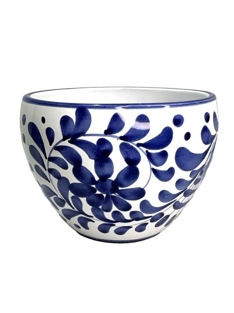 Handmade In Italy Vintage Ceramic Planter Blue White Floral Chinoiserie 6"